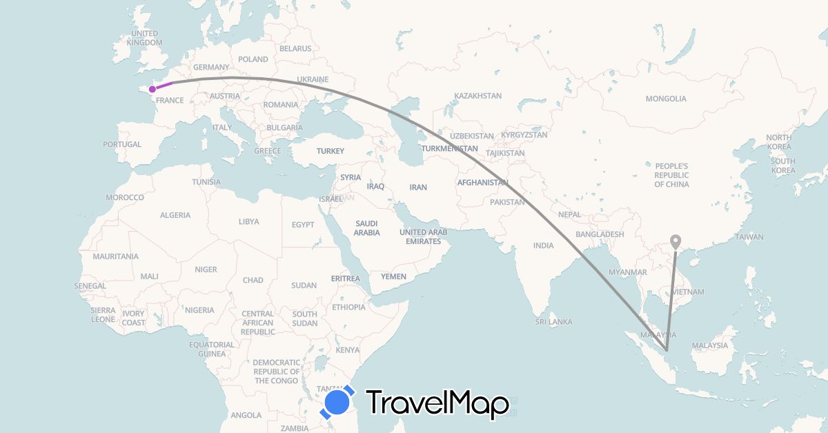 TravelMap itinerary: plane, train in France, Singapore, Vietnam (Asia, Europe)